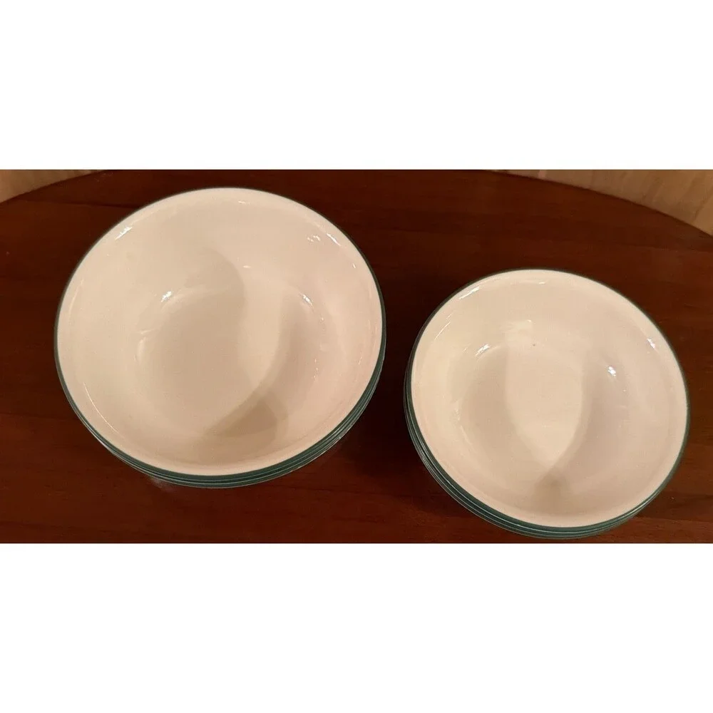 Set Of 6 Corelle Home Garden Birdhouse 3 Cereal Bowls &3 Dessert Green Strip GUC